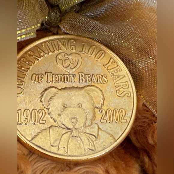 Ty Golden Brown Mohair like Teddy Beanie Baby with Ribbon and Medallion 100 Year - Picture 3 of 7